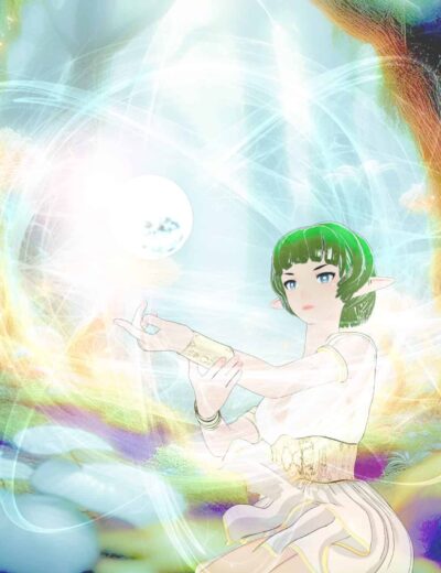 Elf mage conjuring glowing energy in enchanted forest with swirling magic and vibrant, mystical surroundings.