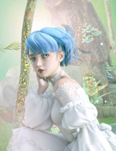 Elegant fairy girl with blue hair in a magical pastel forest scene.