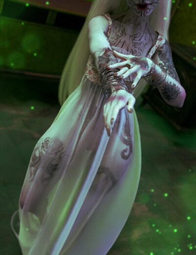 Ethereal mystical figure with tattoos, glowing gown, eerie green light in dark fantasy setting.