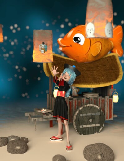Cheerful girl at magical lantern festival with fish balloon and festive marketplace in a dreamlike night.