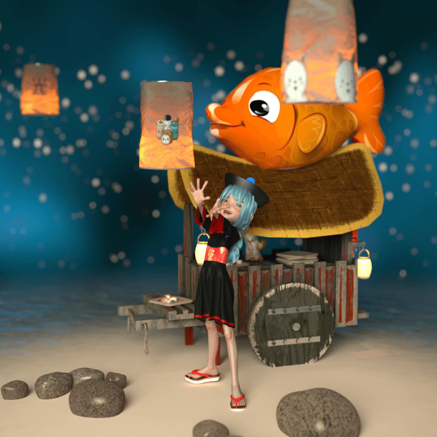 Cheerful girl at magical lantern festival with fish balloon and festive marketplace in a dreamlike night.