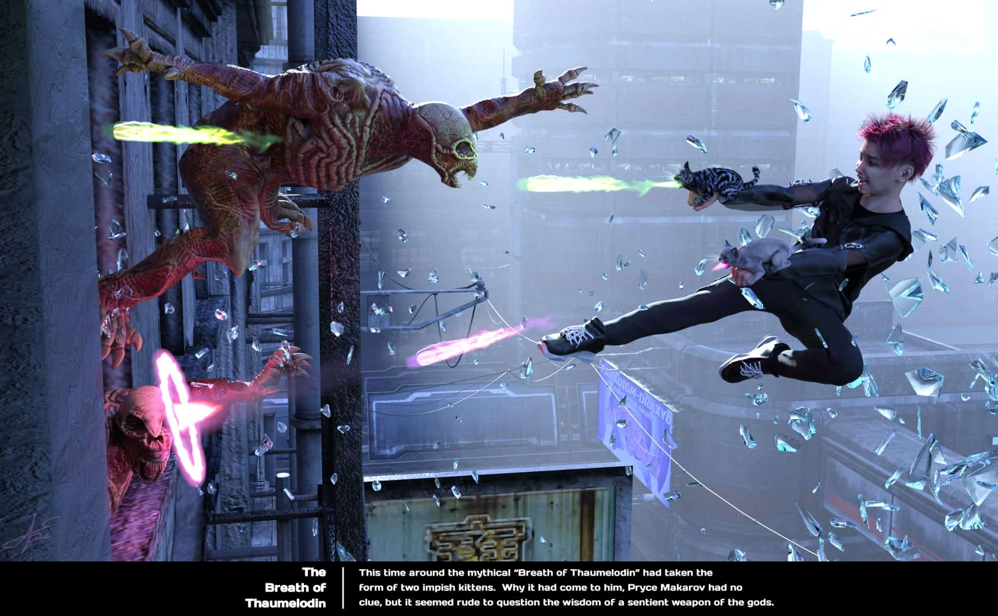 Futuristic city battle: Pryce Makarov fights monster amid flying glass shards and neon-lit skyscrapers.
