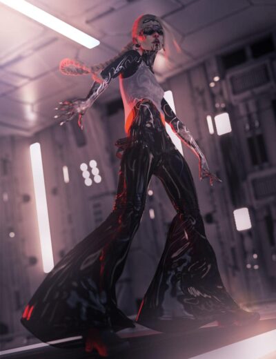 Futuristic cyber warrior in neon-lit sci-fi environment with biomechanical designs and sleek metallic outfit.