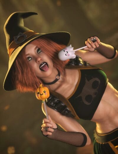 Playful Halloween witch with colorful lollipops in autumn forest setting.