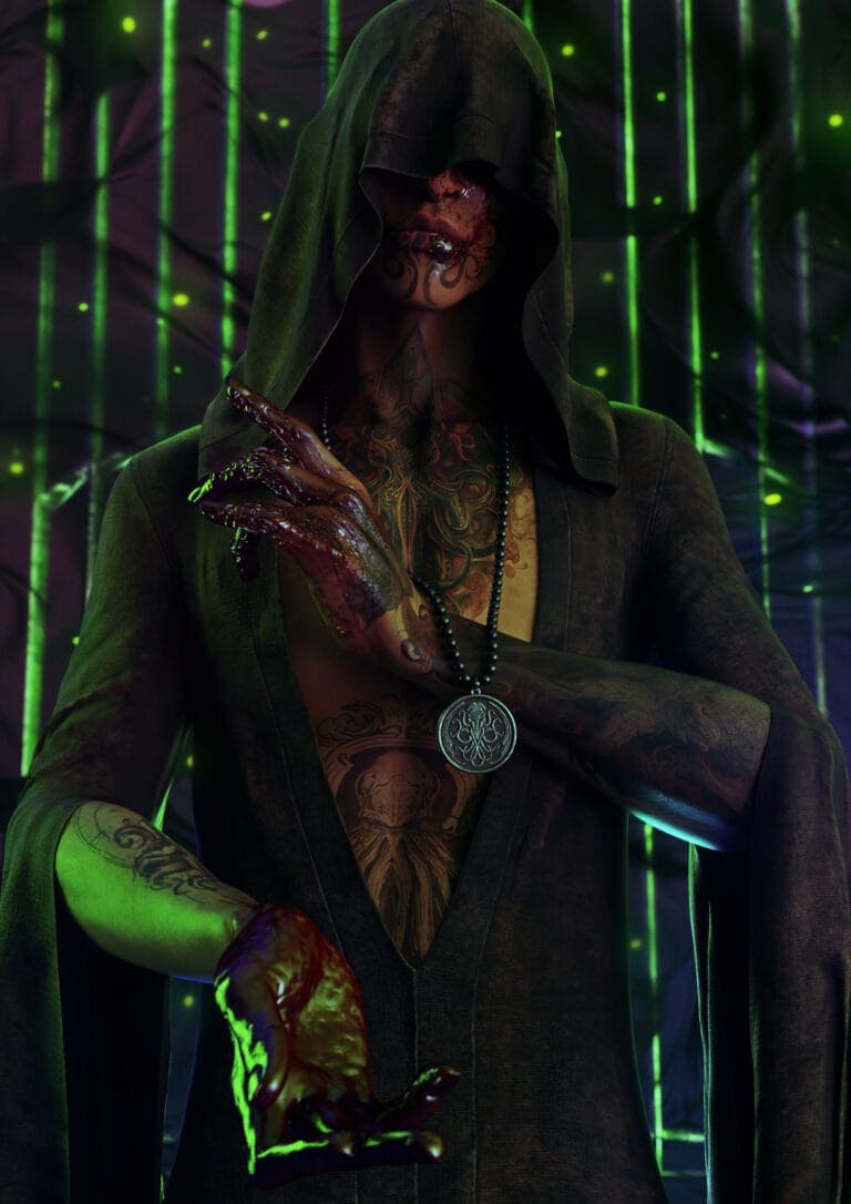 Dark hooded figure with blood-stained hands, arcane tattoos, and glowing green mystical symbols.