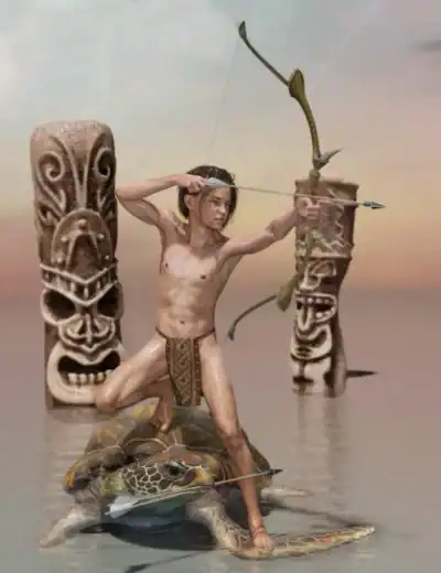 Young tribal archer on a giant sea turtle in a surreal, mythic waterscape with totem statues.