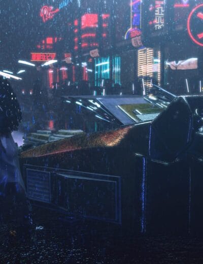 Rainy cyberpunk street with neon lights, woman with umbrella, futuristic car, dystopian urban vibe.