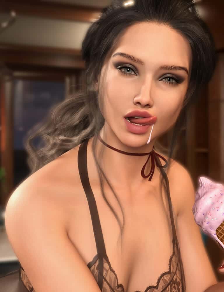 Playful woman enjoying melting pink ice cream in cozy café with soft lighting and romantic lace details.