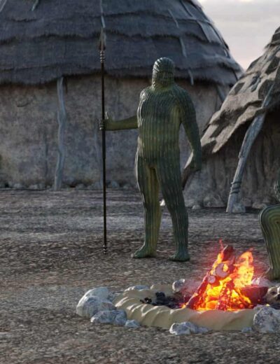 Primitive campsite with mystical plant humanoids and alien deer-like creature around a glowing fire.