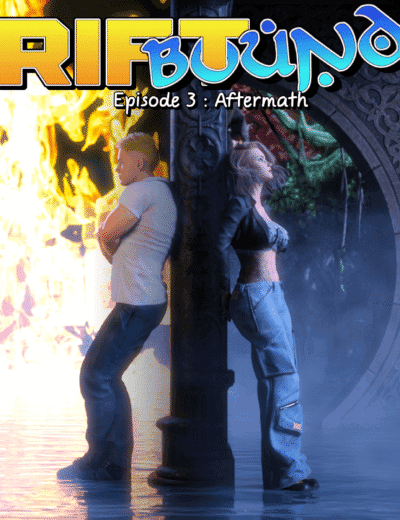 Characters stand against contrasting fiery chaos and calm greenery in *Riftbound* Episode 3.