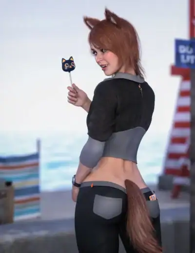 Anime-style girl with animal ears, tail, and cat lollipop at sunset seaside beach scene.