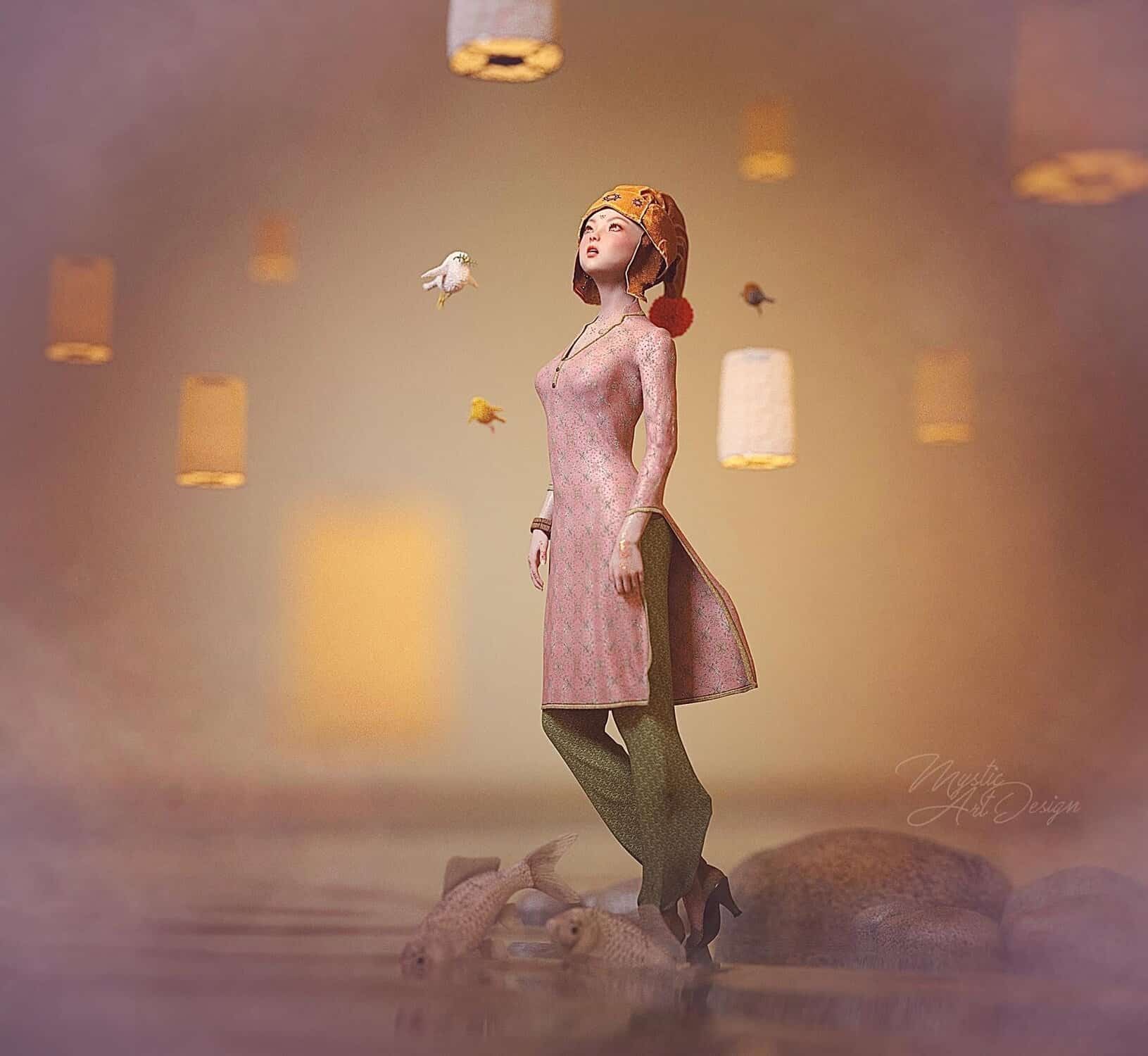 Serene woman with bird amidst glowing lanterns and misty water in dreamy festival scene.