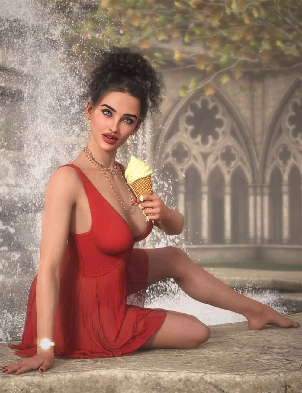 Elegant woman in red dress enjoying vanilla ice cream by a fountain with European architecture.