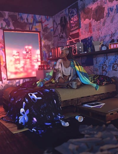 Urban bedroom with neon lights, graffiti walls, and a woman relaxing on a pallet bed.
