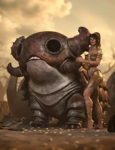 Bronze-armored giant and radiant woman in a post-apocalyptic desert at sunset.