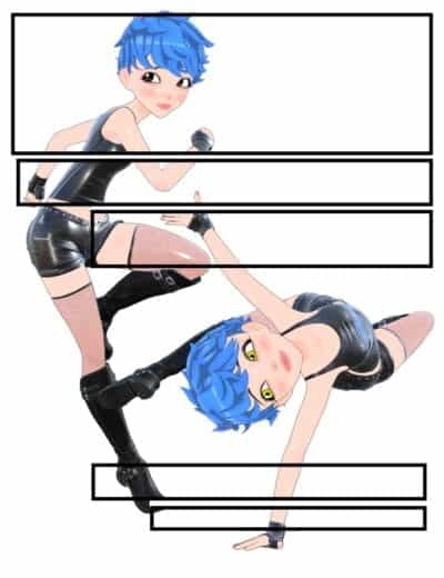 Anime-inspired blue-haired heroine dancing in a sleek black outfit with dynamic comic-style panels.