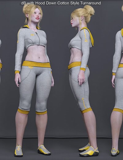 3D athletic female model in gray and yellow crop hoodie and capri leggings, full turnaround.