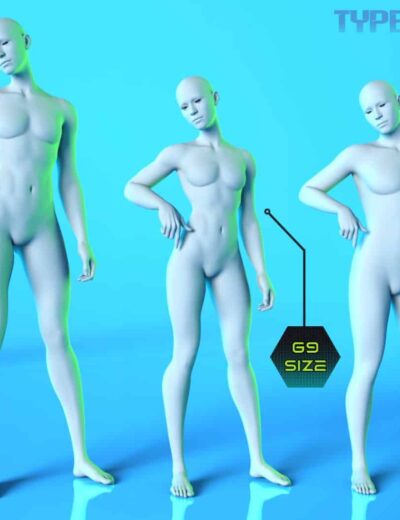 3D human body morph comparison from slim to natural shapes with futuristic design elements.