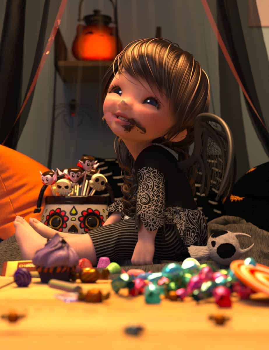 Child enjoying Halloween candies, spooky decorations, and festive Halloween costume with plush toys.