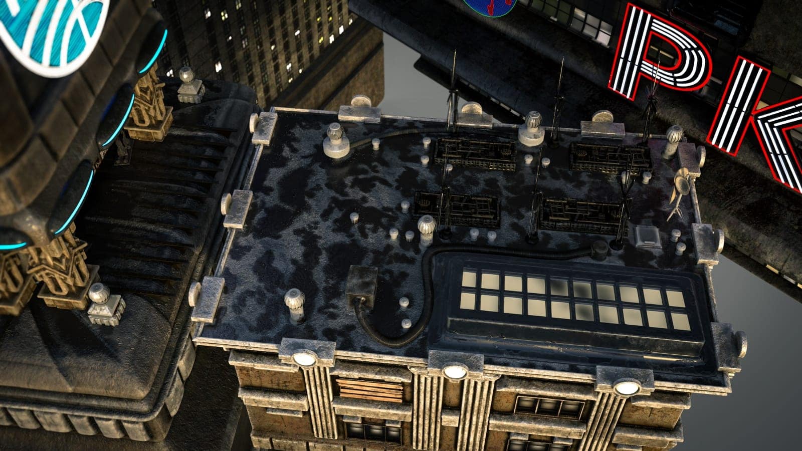 Nighttime urban rooftop with neon signs, weathered surfaces, and cityscape in cyberpunk style.