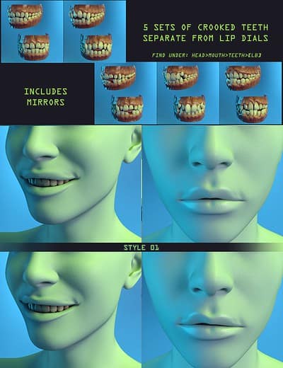 Five realistic 3D crooked teeth sets with character model examples for animation and modeling.