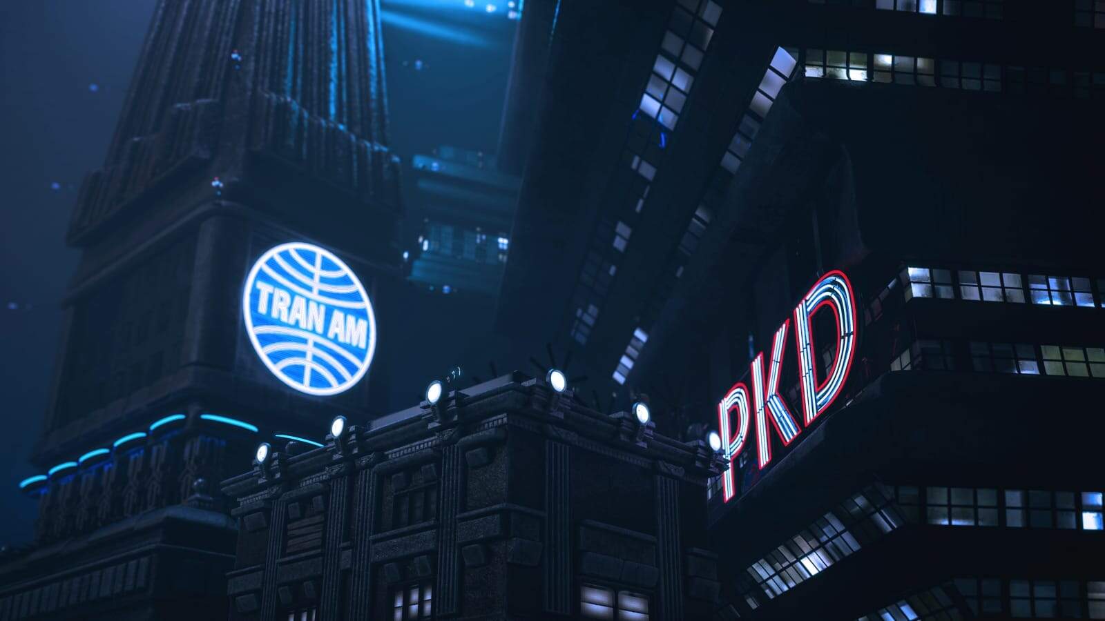 Futuristic cyberpunk city skyline at night with neon signs and towering skyscrapers.