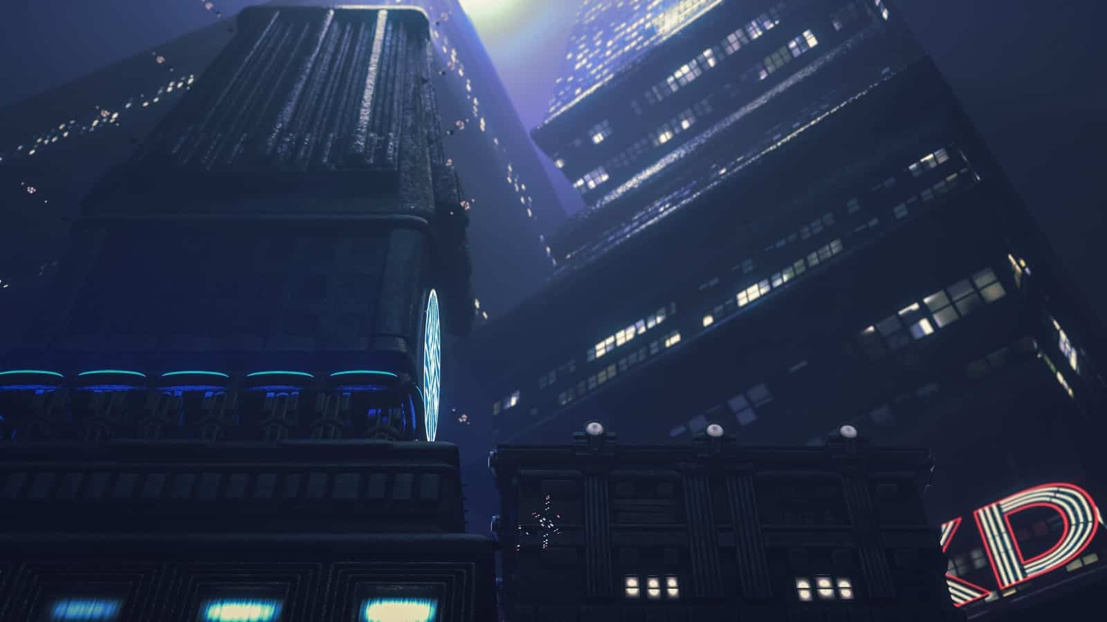 Futuristic cyberpunk cityscape at night with towering buildings, neon lights, and industrial architecture.