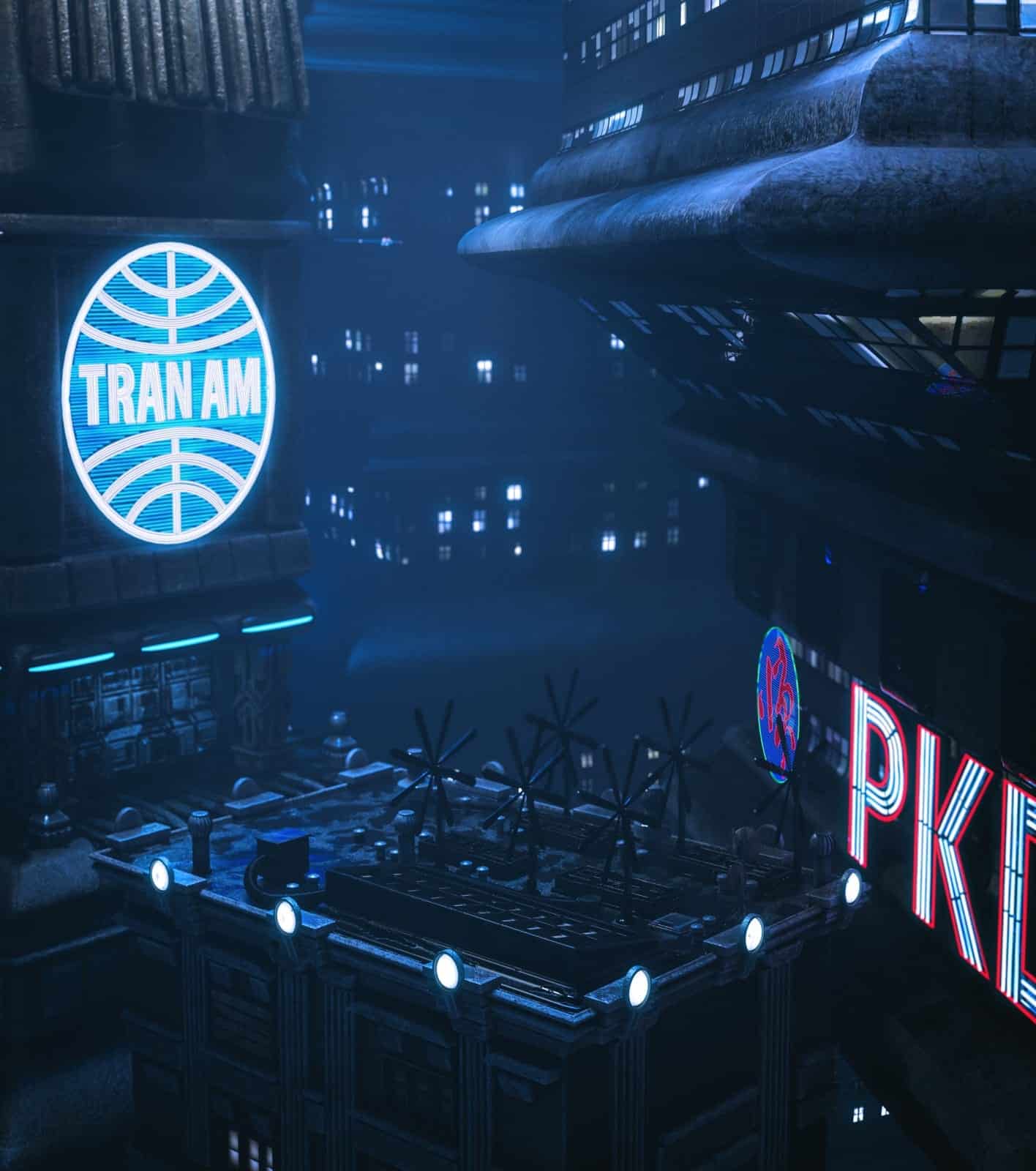 Futuristic cyberpunk rooftop scene with neon signs, industrial architecture, and glowing city lights.