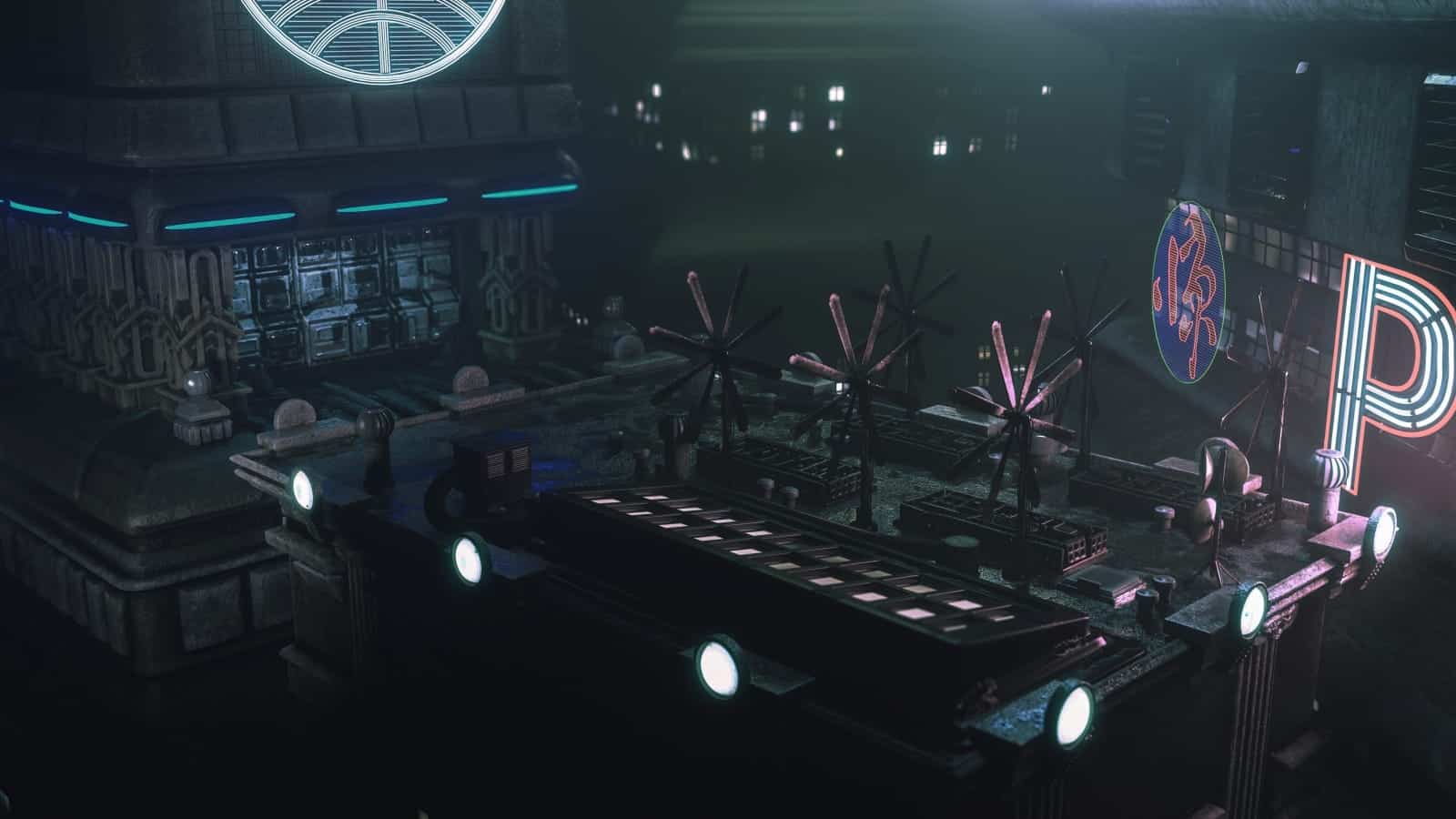 Futuristic cyberpunk rooftop with neon lights, industrial machinery, and vibrant city signage at night.