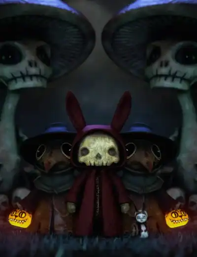 Dark fantasy Halloween scene with skeleton, plague doctors, giant skeletal guardians, and eerie doll.