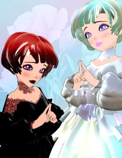 Animated doll-like girls sharing a tender friendship with expressive faces and elegant outfits.