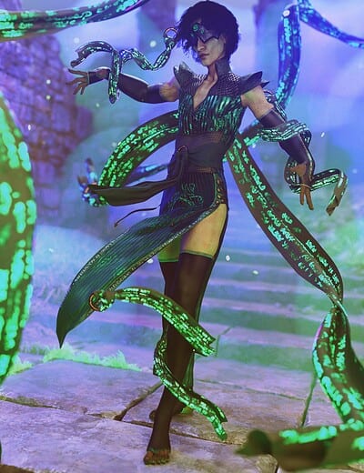 Futuristic mage with glowing symbols and cyberpunk armor on ancient, misty ruins steps.