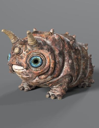 Fantasy reptilian creature with glowing blue eyes and armored, stone-like skin in a desert setting.