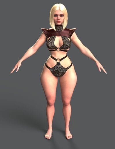 3D female warrior in futuristic fantasy armor with detailed textures and realistic anatomy.