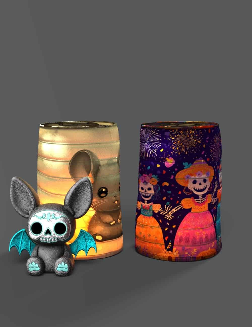 Decorative Halloween and Day of the Dead lanterns with plush bat figure against gray background.