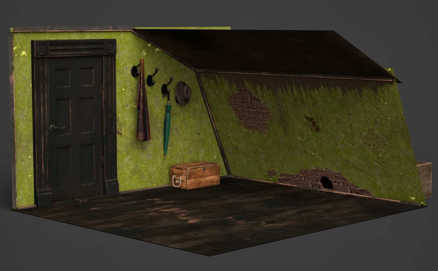 Old attic corner with vintage personal items and weathered walls, full of nostalgic charm.