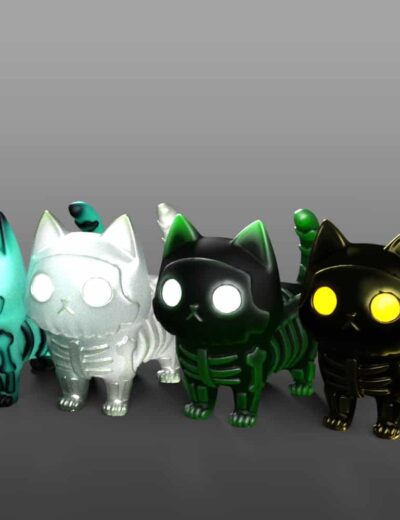Four glowing skeleton cat figures with vibrant colors and luminous eyes, futuristic spooky decorations.