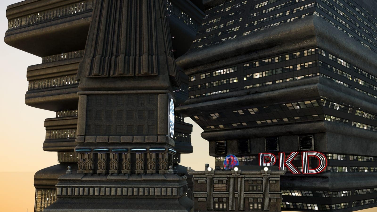 Futuristic cyberpunk cityscape with towering metallic buildings, glowing blue lights, and vibrant red PKD sign.