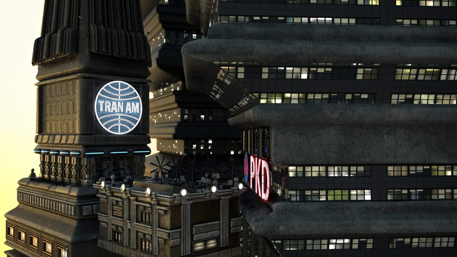 Futuristic cyberpunk city featuring skyscrapers, neon signage, and layered urban decay at dusk.