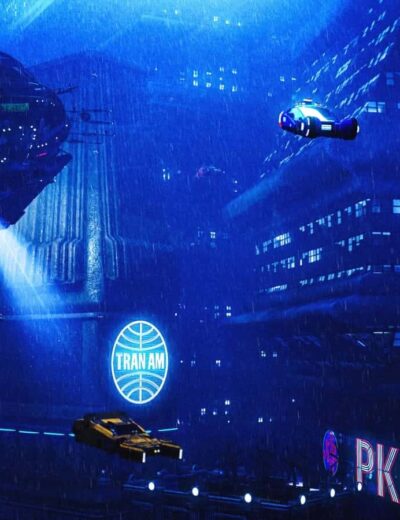Futuristic cyberpunk cityscape with neon blue lights and flying vehicles at night.