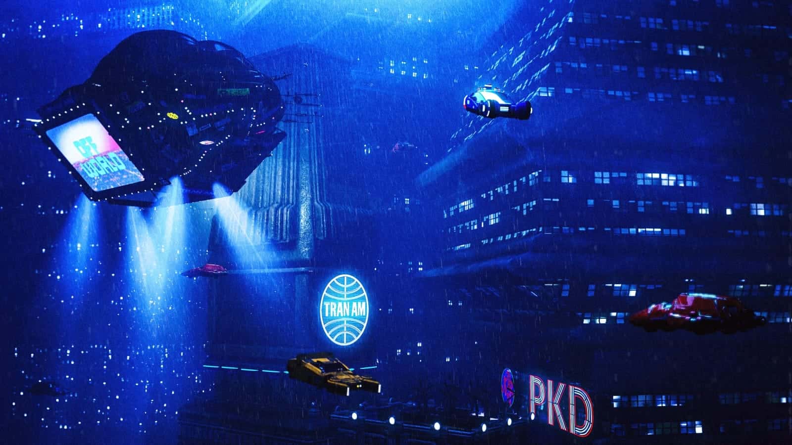 Futuristic cyberpunk cityscape with neon blue lights and flying vehicles at night.