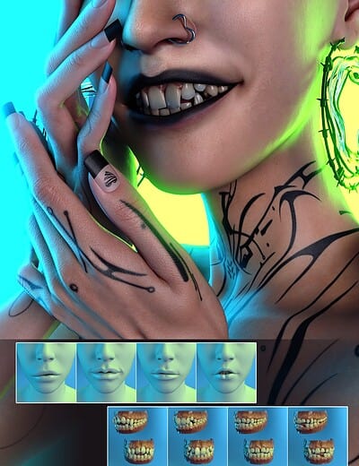 Futuristic cyberpunk character with metallic teeth, neon glow, dark tattoos, and glowing barbed wire earring.