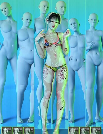 Futuristic digital art depicting feminine individuality amid mannequin-like bodies and cyberpunk aesthetics.