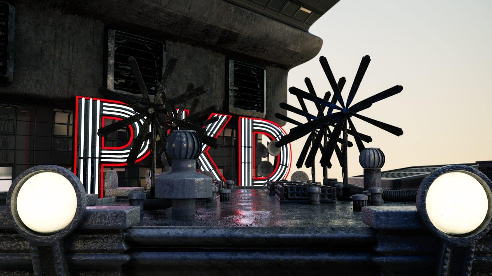 Futuristic dystopian industrial scene with neon PKD sign and advanced machinery under muted lighting.