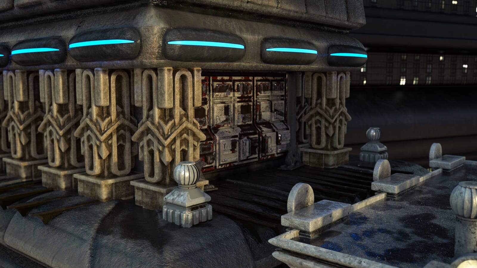 Futuristic industrial fortress with weathered metal walls, glowing blue lights, and reinforced entrance.