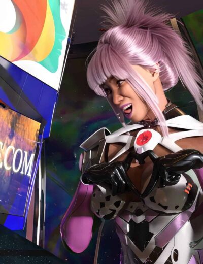 Futuristic female sci-fi warrior shouting in space asteroid backdrop with glowing metallic structures.