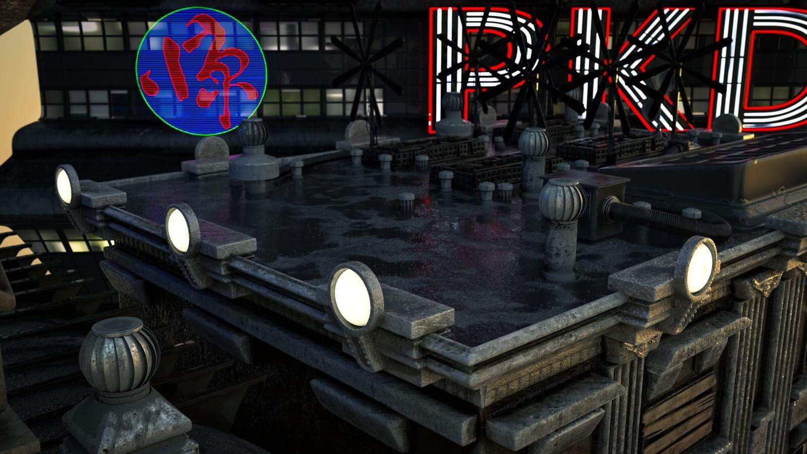 Futuristic rooftop scene with neon signs, holographic emblem, cyberpunk architecture at night.
