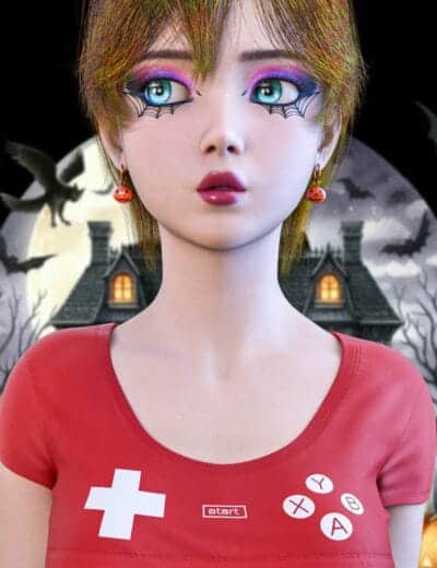 Anime girl with gaming controller, Halloween makeup, pumpkin earrings, haunted mansion backdrop.