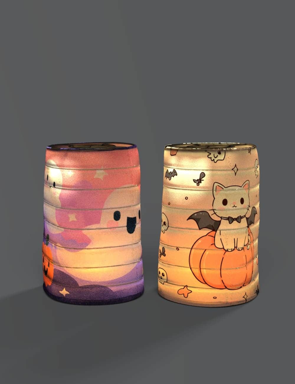 Cute Halloween paper lanterns with ghost and cat designs, glowing warmly against a gray background.