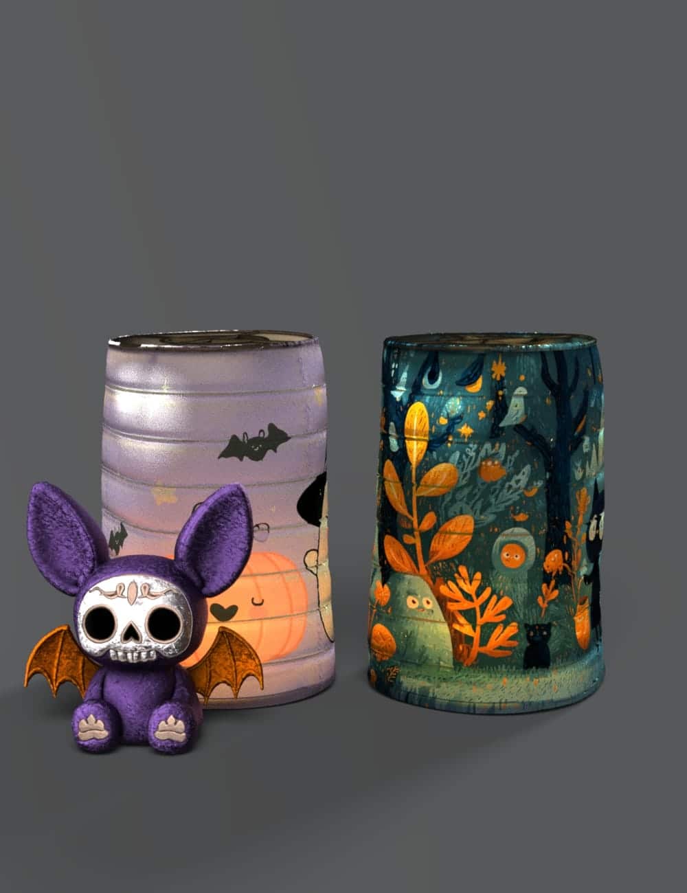 Halloween decor with plush bat and whimsical lanterns featuring spooky and enchanted forest designs.